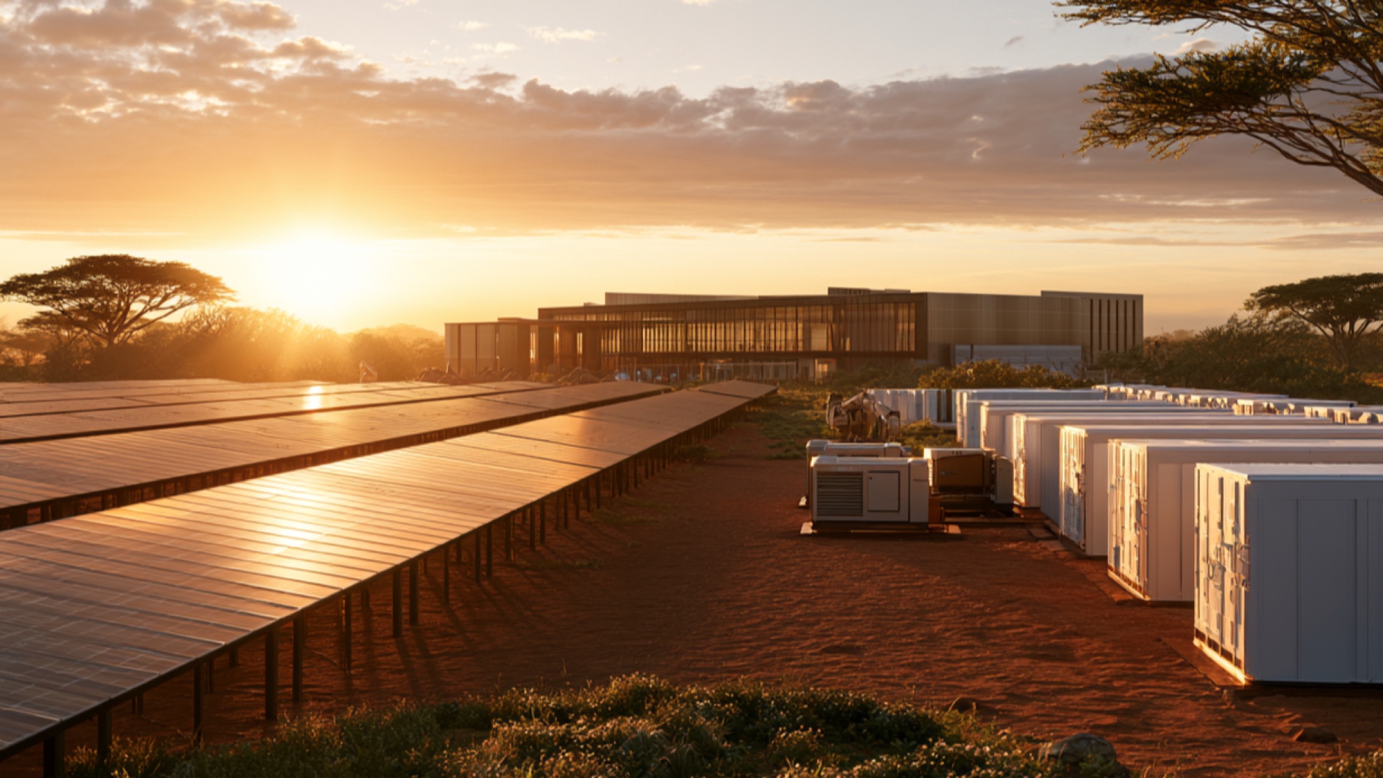 Illustrative render — on-site solar array and battery storage beside the facility