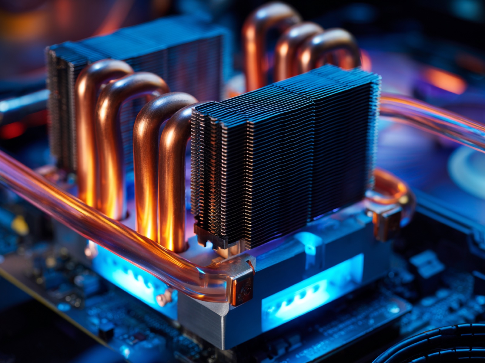 Illustrative macro of a high-density GPU node with copper heat pipes and liquid cooling