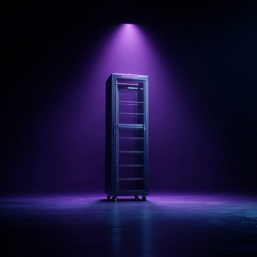 A single isolated server rack under a focused light — dedicated bare-metal capacity