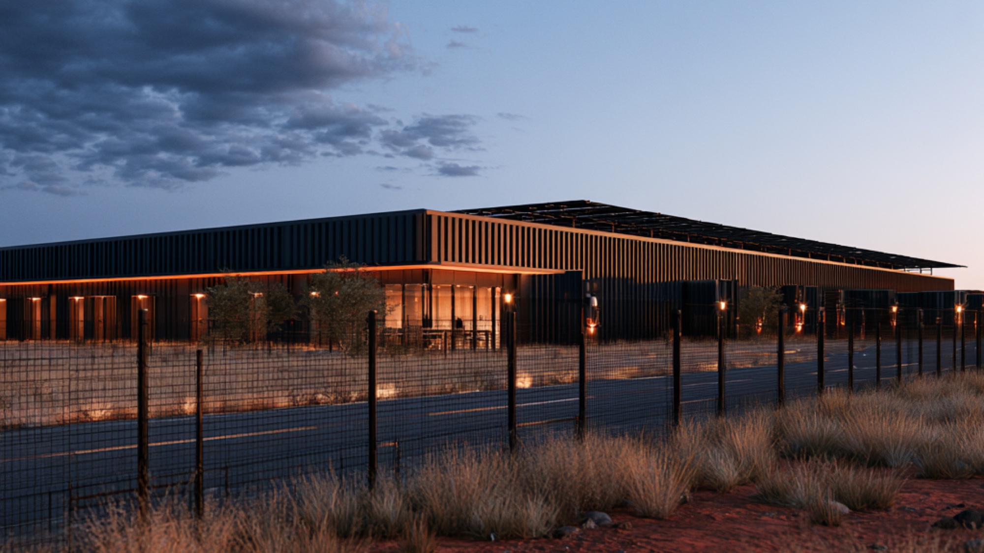 Illustrative exterior render of the modular Tier III facility at blue hour